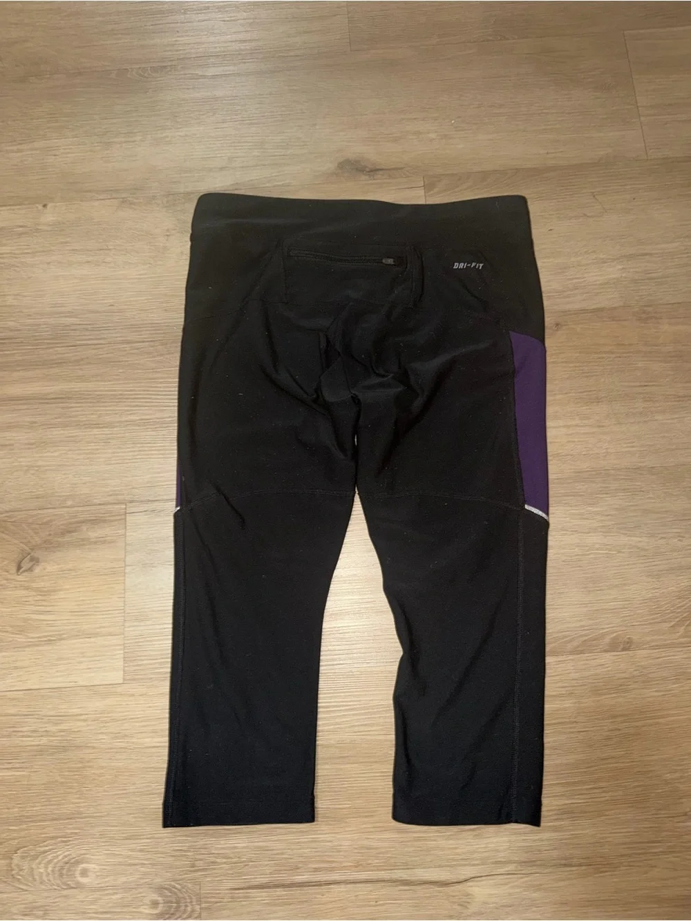 Nike Black capri Leggings with Purple Panels and Reflective Swoosh